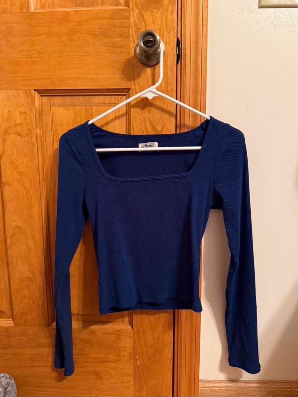 Hollister Navy Ribbed Square-Neck Long Sleeve Top